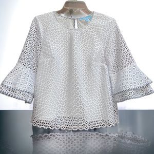 DRAPER JAMES 10 Lattice Double Bell Blouse Top in White